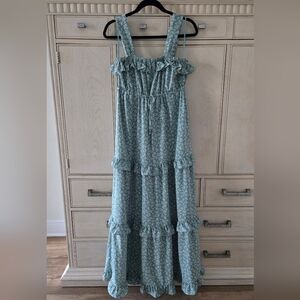 Light Green Tiered Ruffle Floral Disty Print Maxi Dress